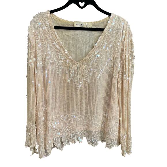 Vintage Swee Lo Beaded Sequin Embellished V Neck Top Cream Womens Large - Picture 1 of 6